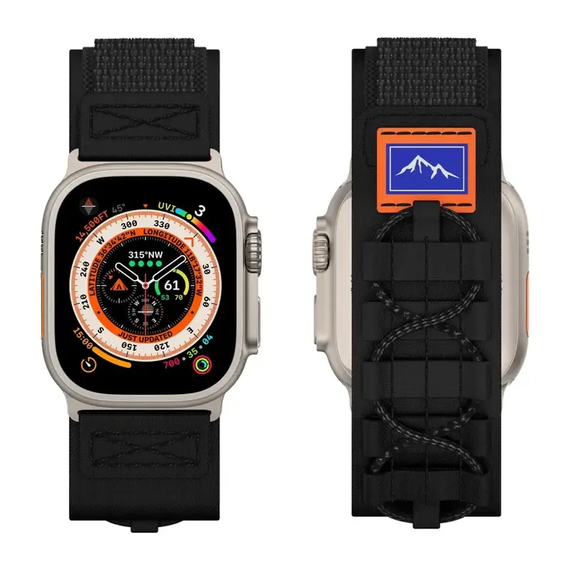 Apple Watch 44 / 45 / 46 / 49 mm Outdoor Nailonranneke - Musta