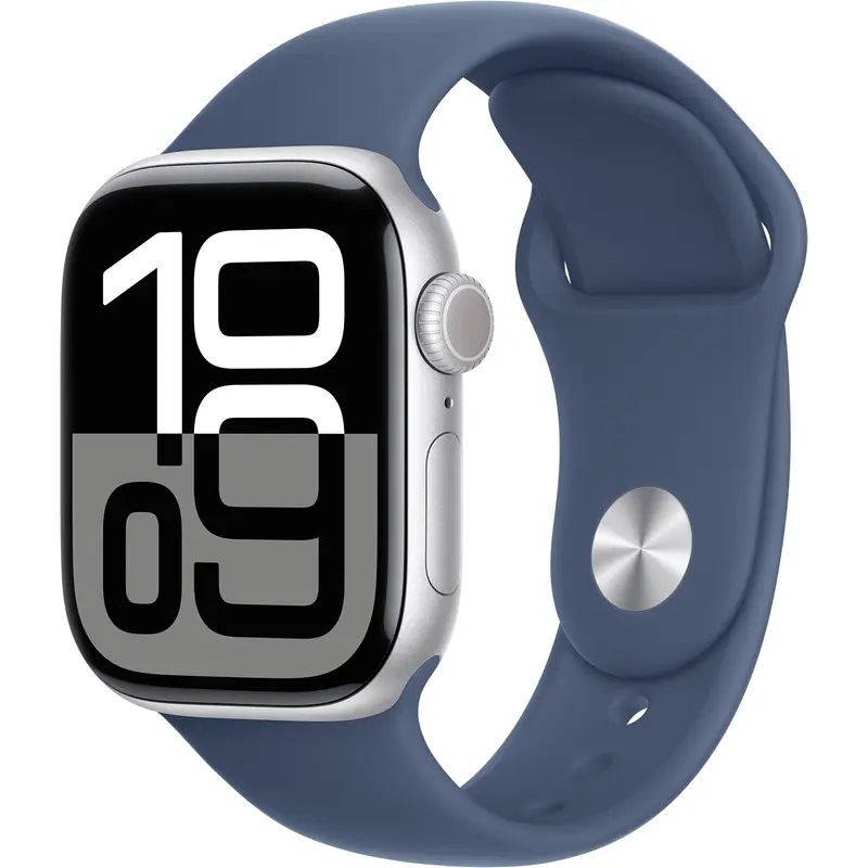 Apple Watch Series 10 (GPS+Cell) 42mm Silver Alum Case with Blue Sport Band, S/M (MWX33)