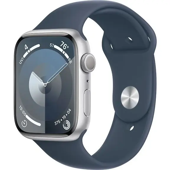 Apple Watch Series 9, 45mm M/L, Silver Aluminum Case with Blue Sport Band