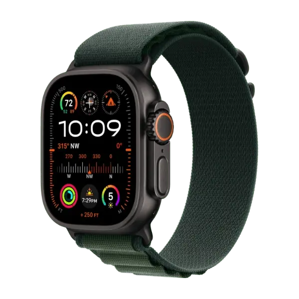 Apple Watch Ultra 2 (GPS + Cellular) 49 mm, Black Titanium Case with Dark Green Alpine Loop