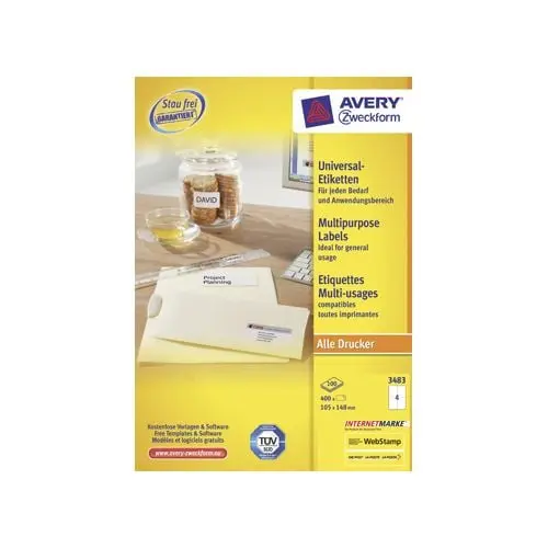 Avery Zweckform 3483 Universal Labels, Ultragrip, White, 105 x 148mm, A4 (400 Labels)