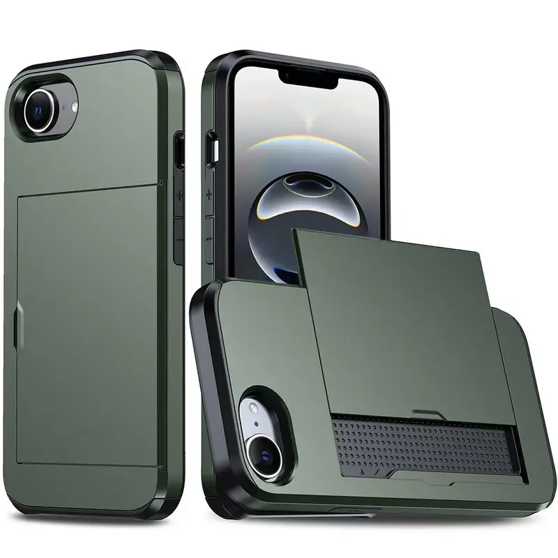 iPhone 16e / 17e Armor suojakuori korttikotelolla - Vihreä